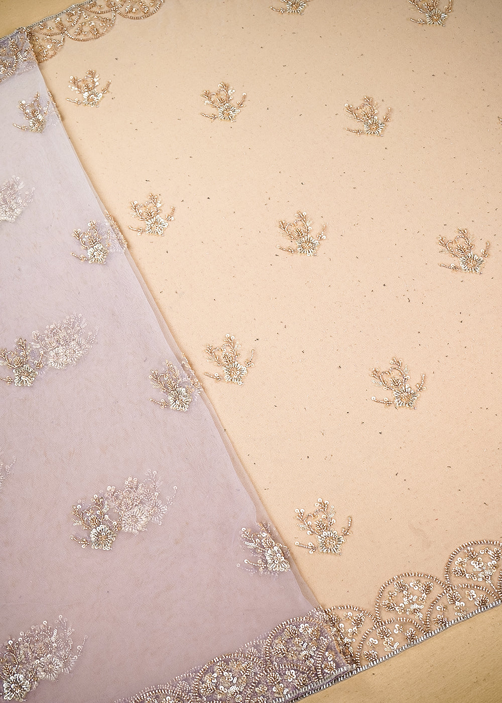 White & Lavender Imported Net Fabric with Allover Sequins, Katdana, Bead Work and Two-Side Border 19741