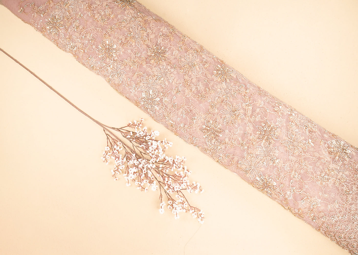 Light Pink Imported Net Fabric with Allover Sequins, Katdana, Bead Work and One-Side Border 19742