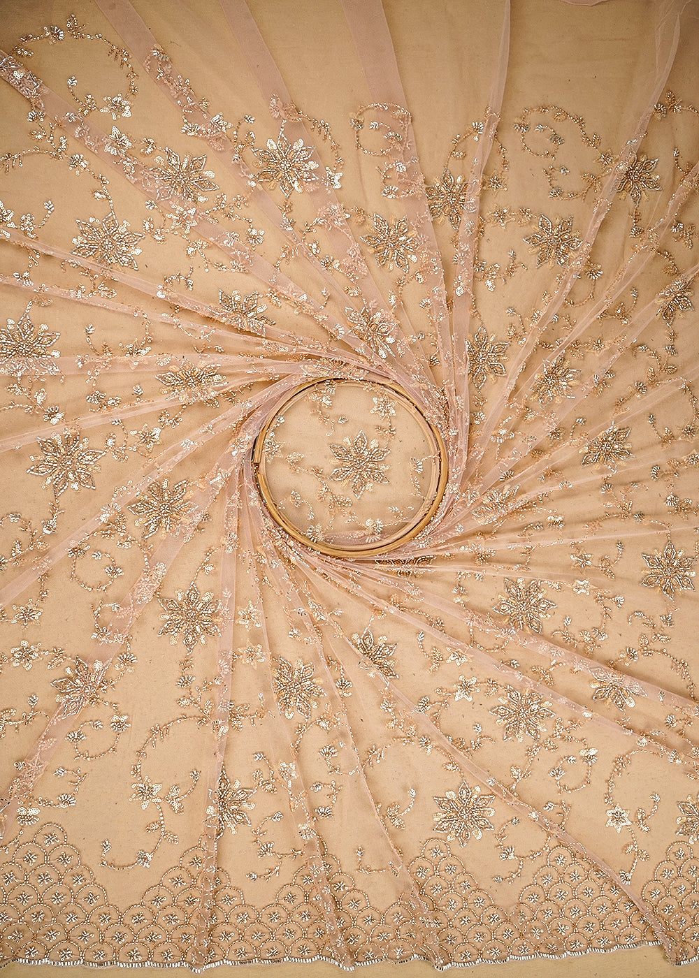 Light Pink Imported Net Fabric with Allover Sequins, Katdana, Bead Work and One-Side Border 19742