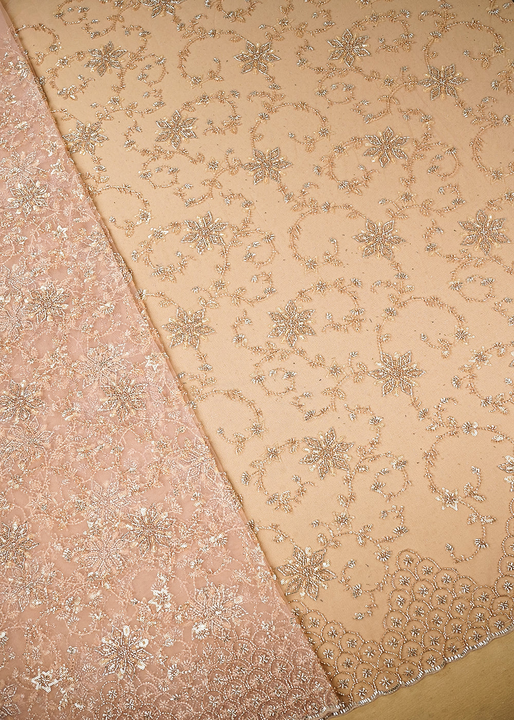 Light Pink Imported Net Fabric with Allover Sequins, Katdana, Bead Work and One-Side Border 19742