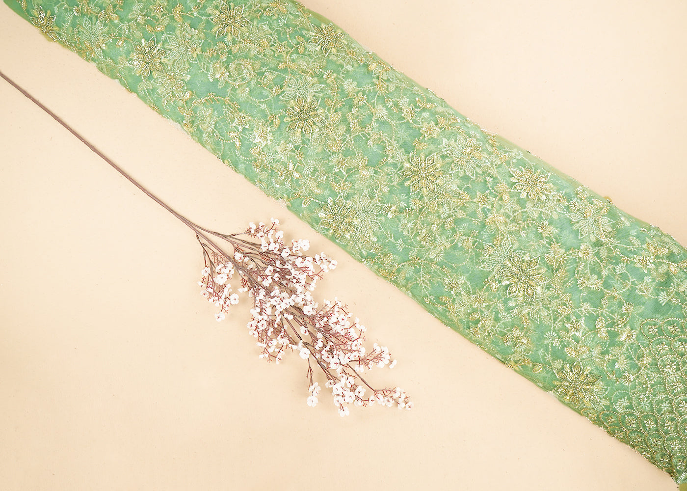 Pista Green Imported Net Fabric with Allover Sequins, Katdana, Bead Work and One-Side Border 19743
