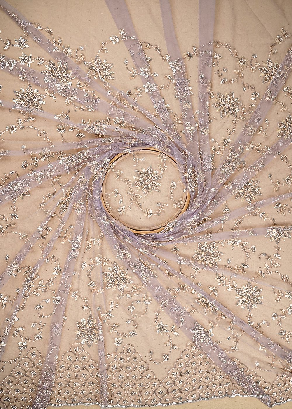 Lavender Imported Net Fabric with Allover Sequins, Katdana, Bead Work and One-Side Border 19745