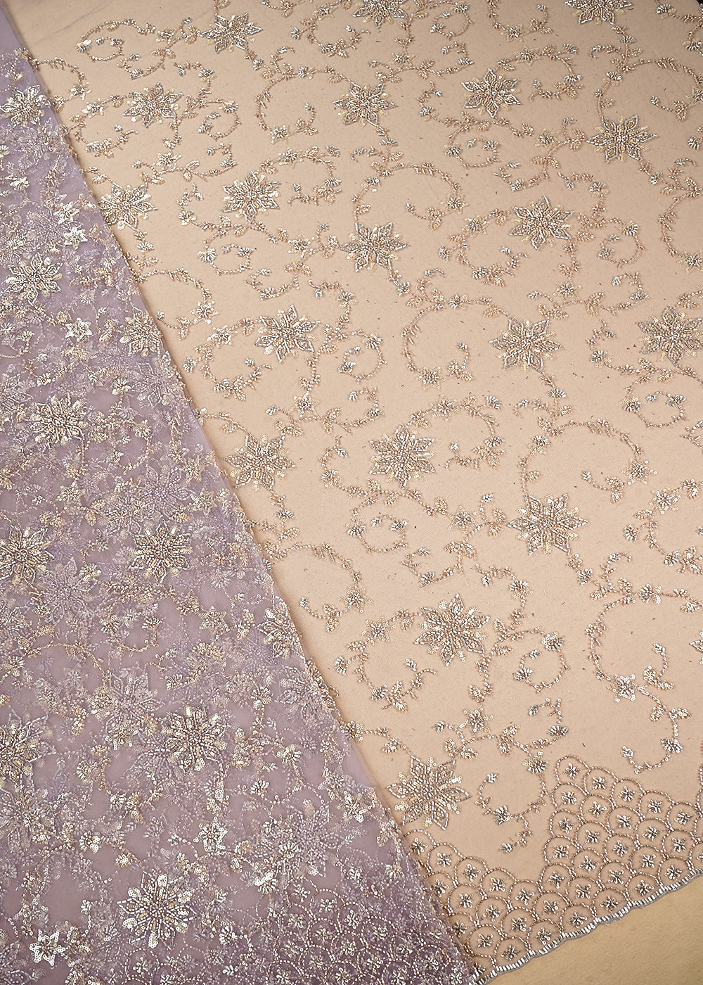 Lavender Imported Net Fabric with Allover Sequins, Katdana, Bead Work and One-Side Border 19745