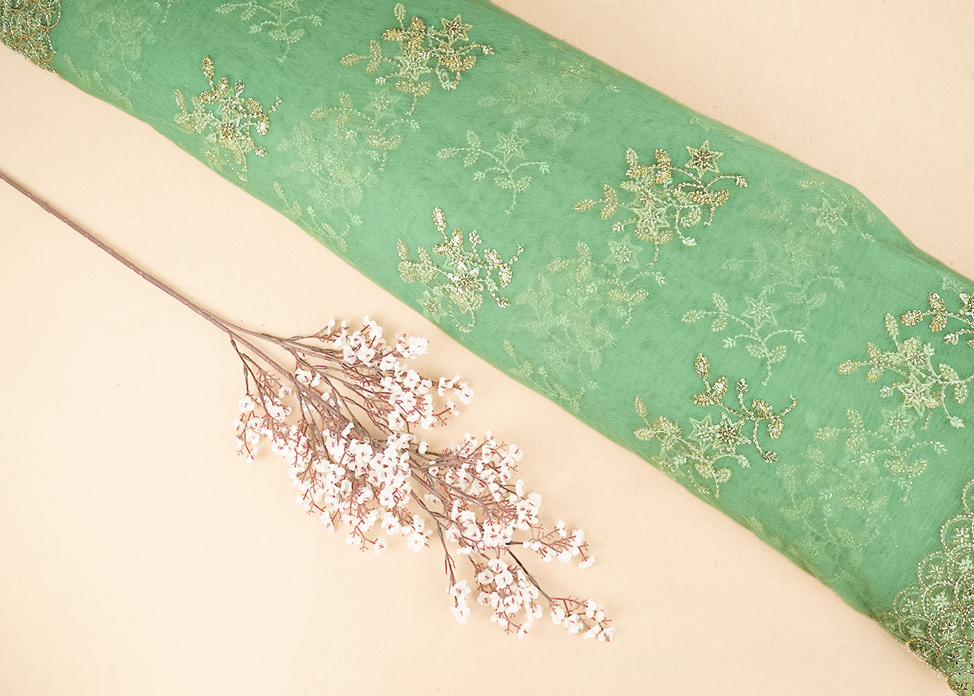 Pista Imported Net Fabric with Allover Sequins, Katdana, Bead Work and Two-Side Border 19747