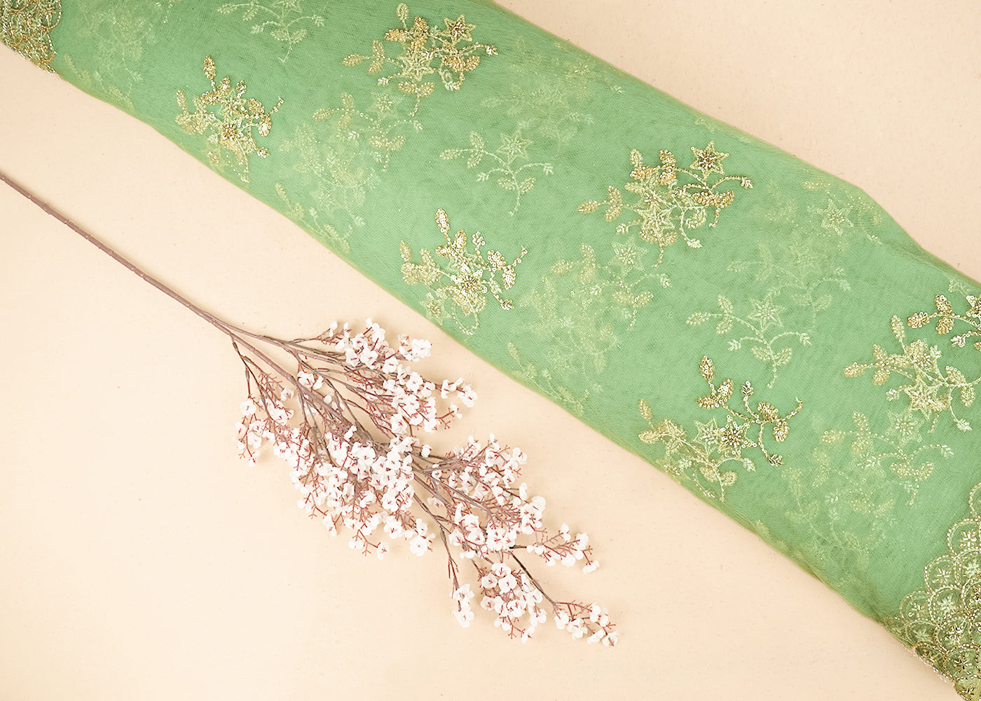 Pista Green Imported Net Fabric with Allover Sequins, Katdana, Bead Work and Two-Side Border 19747