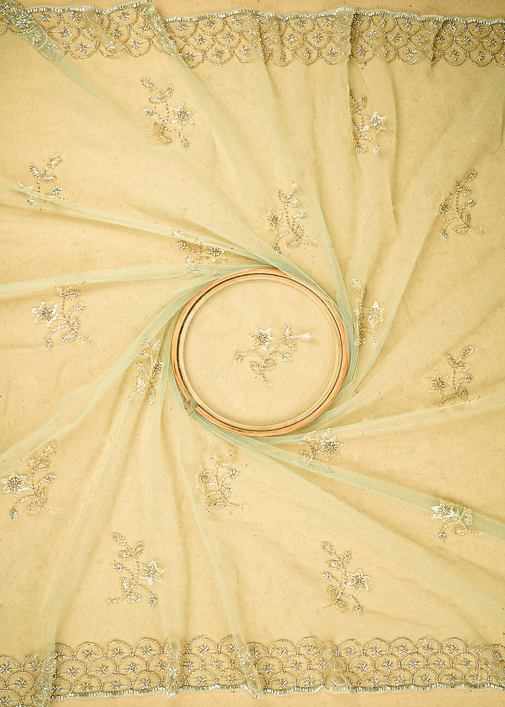 Pista Green Imported Net Dupatta Fabric with Allover Sequins, Katdana, Bead Work and Two-Side Border 19747