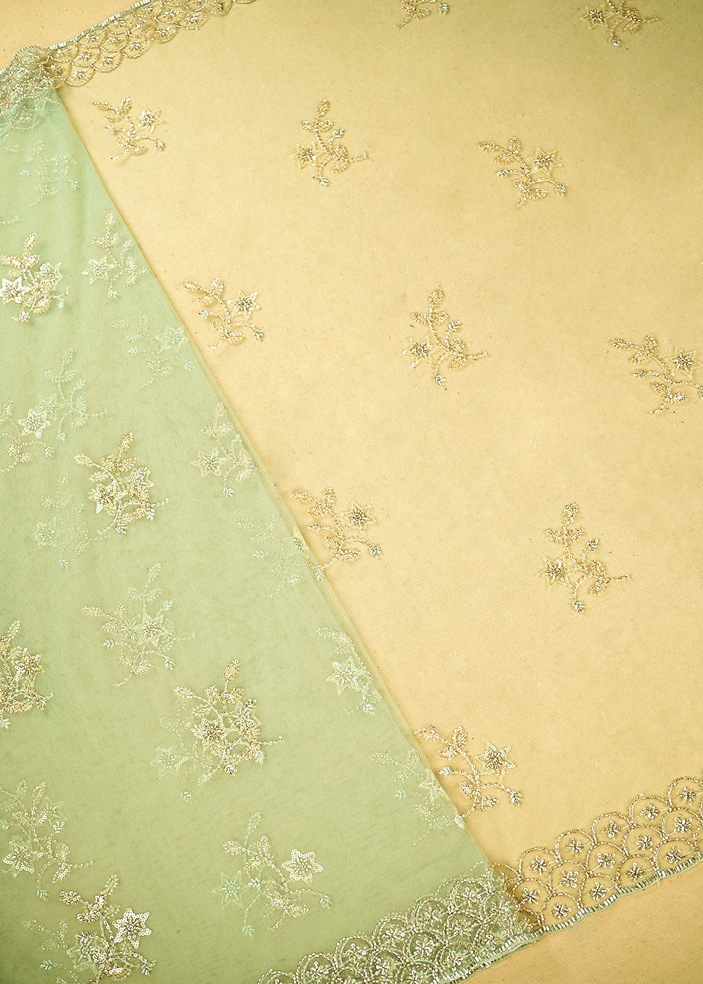 Pista Green Imported Net Dupatta Fabric with Allover Sequins, Katdana, Bead Work and Two-Side Border 19747