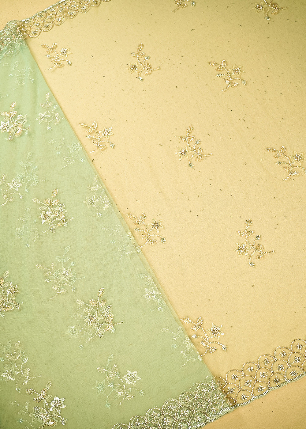 Pista Green Imported Net Fabric with Allover Sequins, Katdana, Bead Work and Two-Side Border 19747