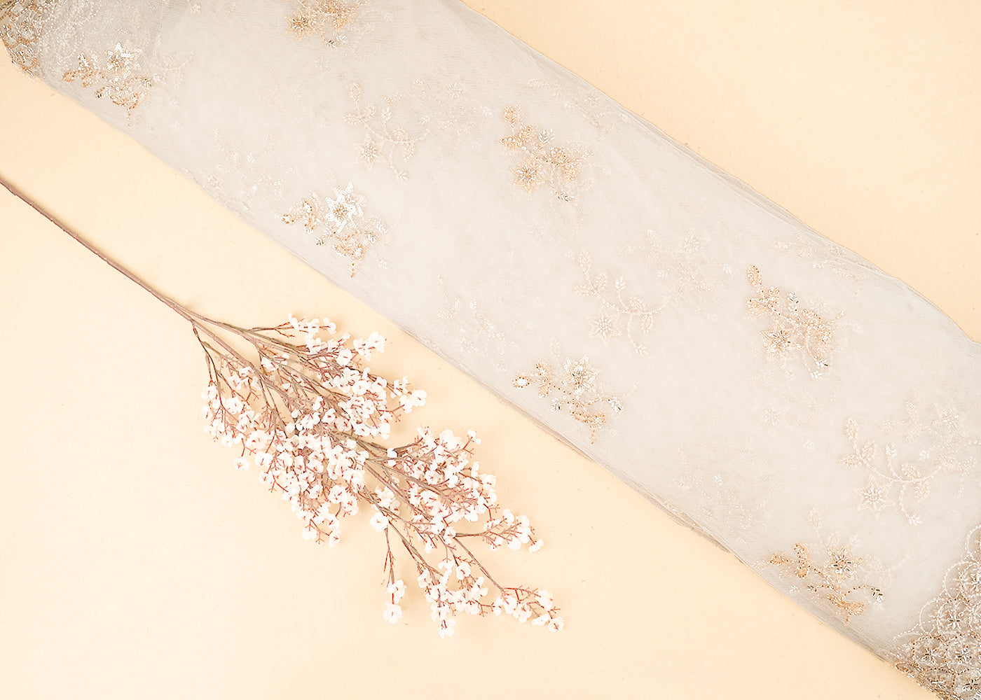 Light Gold Imported Net Fabric with Allover Sequins, Katdana, Bead Work and Two-Side Border 19748