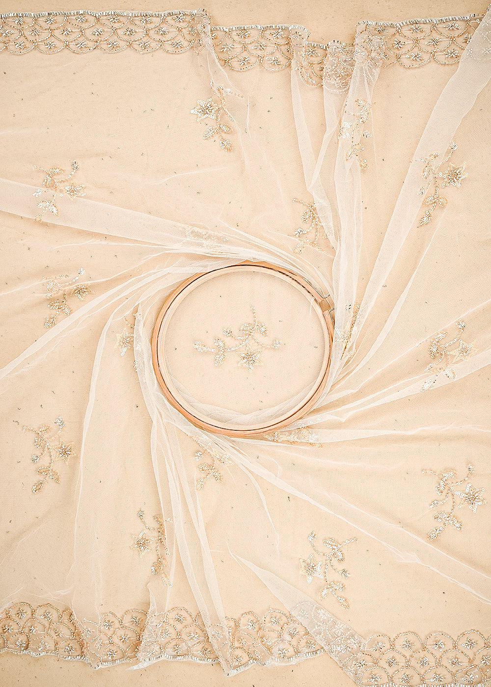 Light Gold Imported Net Fabric with Allover Sequins, Katdana, Bead Work and Two-Side Border 19748