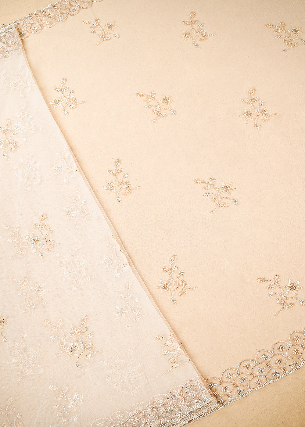 Light Gold Imported Net Dupatta Fabric with Allover Sequins, Katdana, Bead Work and Two-Side Border 19748