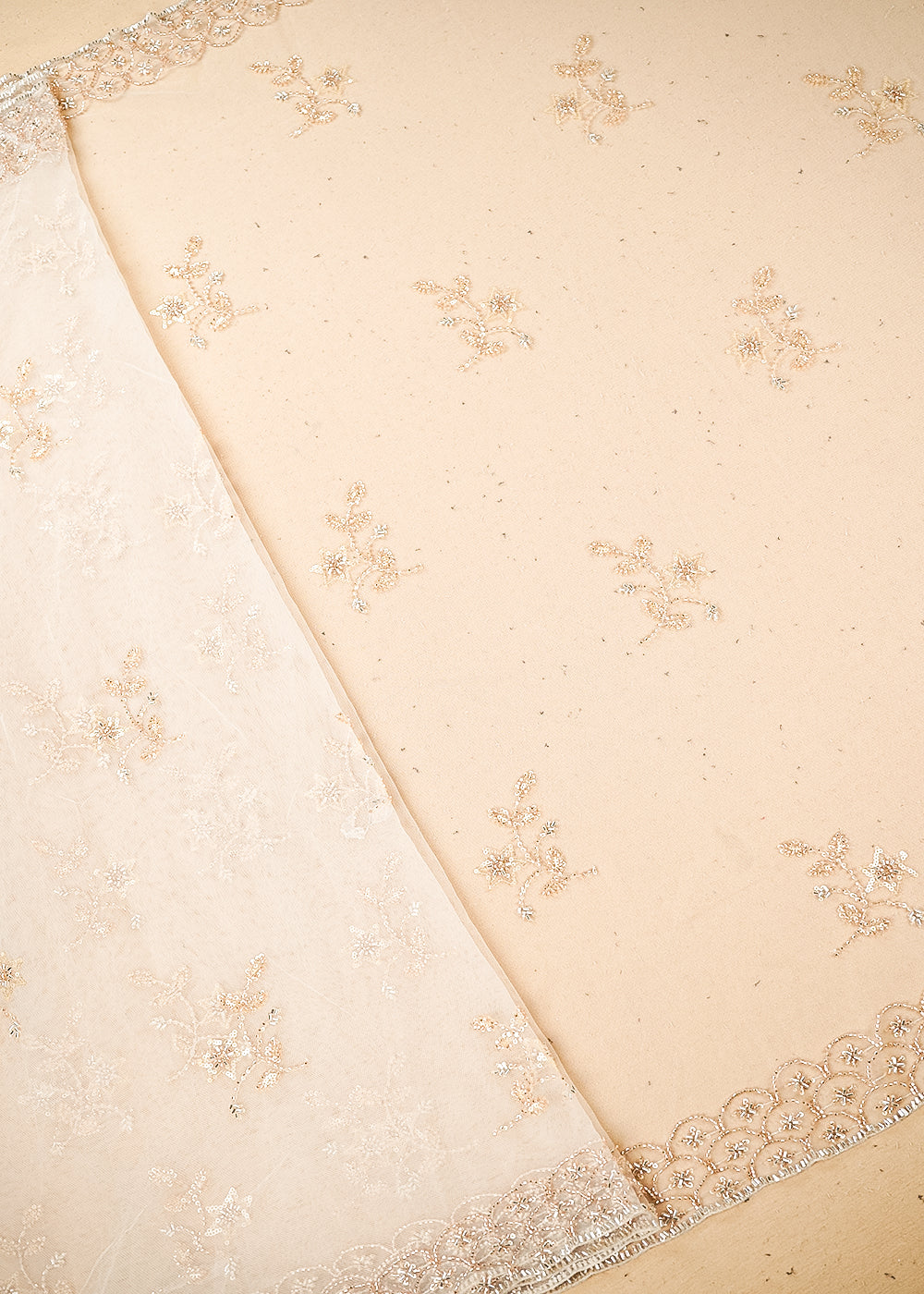 Light Gold Imported Net Fabric with Allover Sequins, Katdana, Bead Work and Two-Side Border 19748