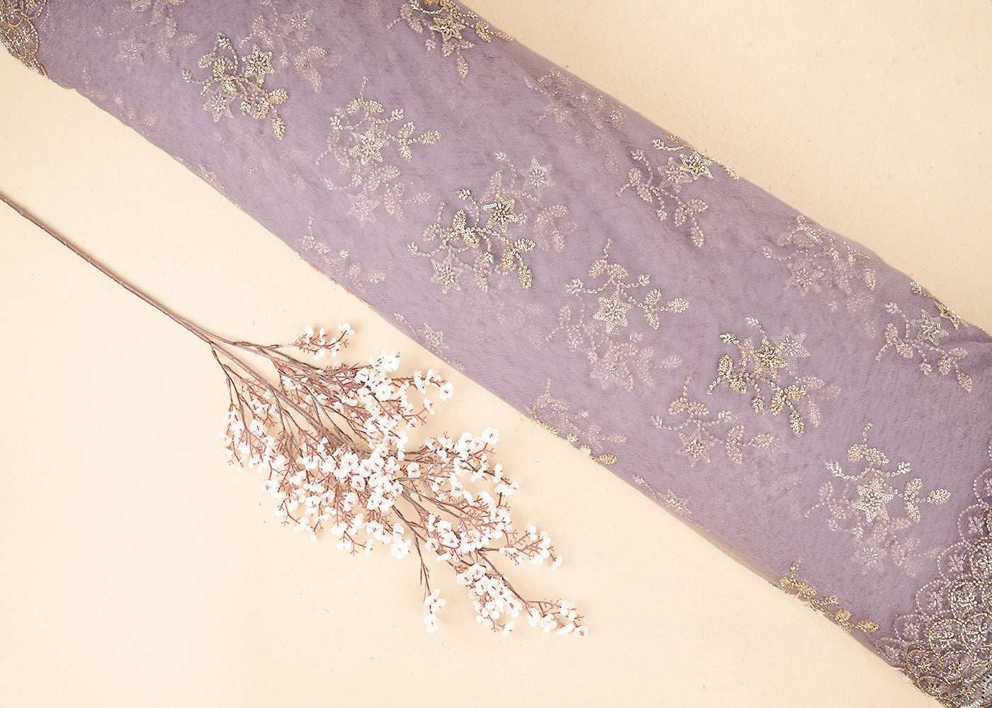 Lavender Imported Net Fabric with Allover Sequins, Katdana, Bead Work and Two-Side Border 19749