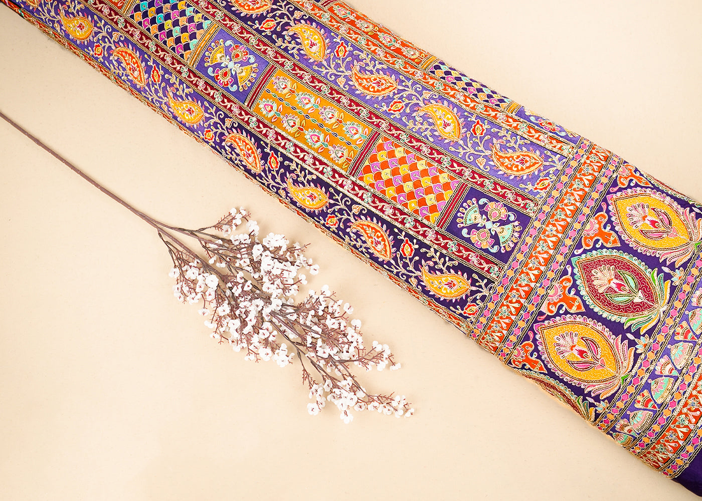 Purple Crepe Fabric with Allover Traditional Print and Sequins Zari Work with One-Side Border 19763