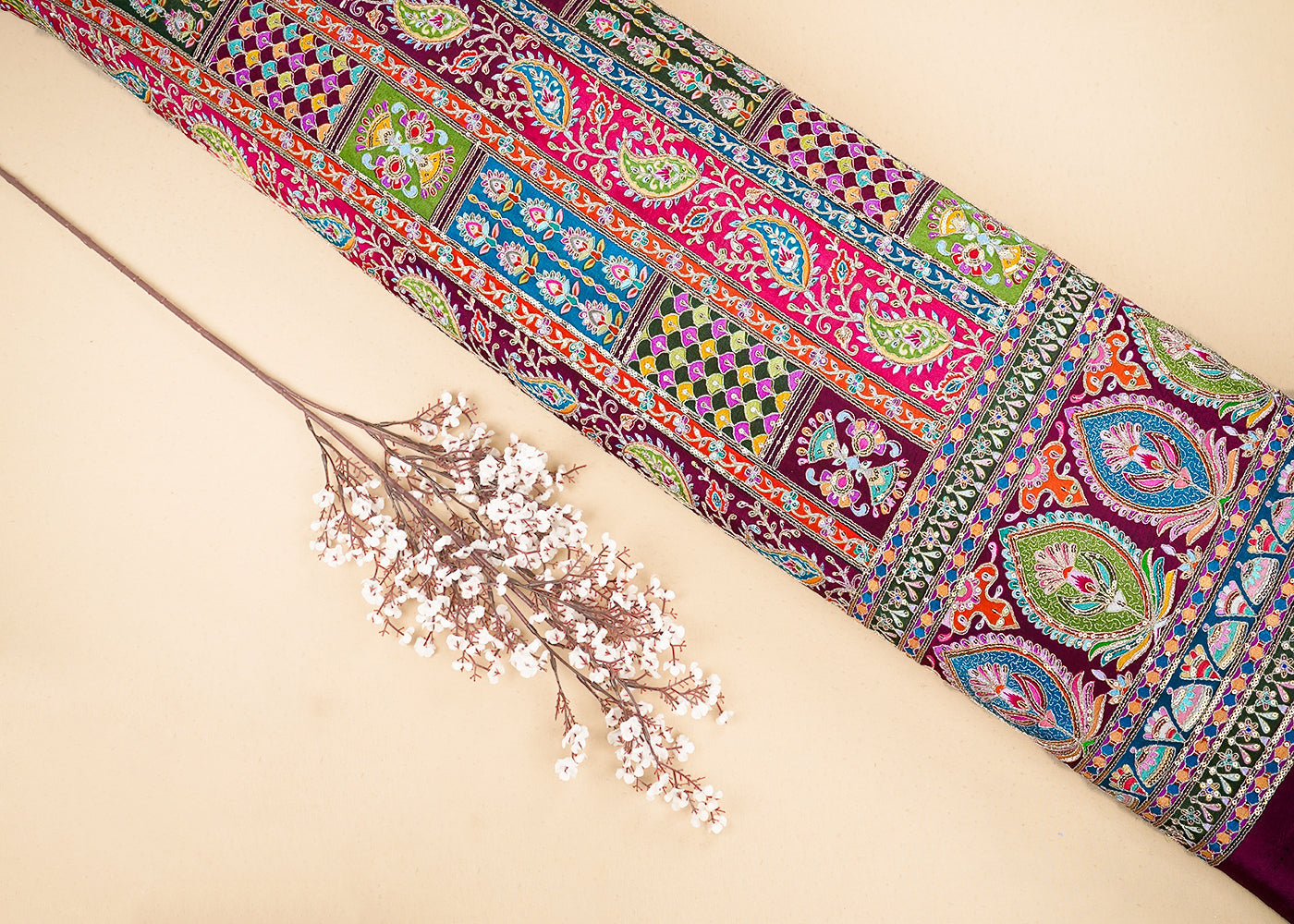 Maroon Crepe Fabric with Allover Traditional Print and Sequins Zari Work with One-Side Border 19764