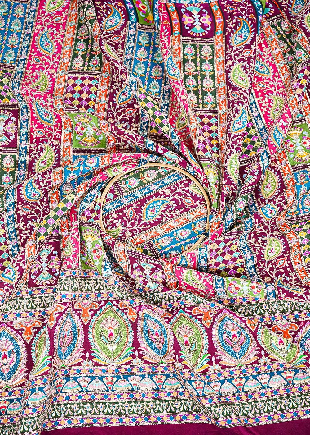 Maroon Crepe Fabric with Allover Traditional Print and Sequins Zari Work with One-Side Border 19764