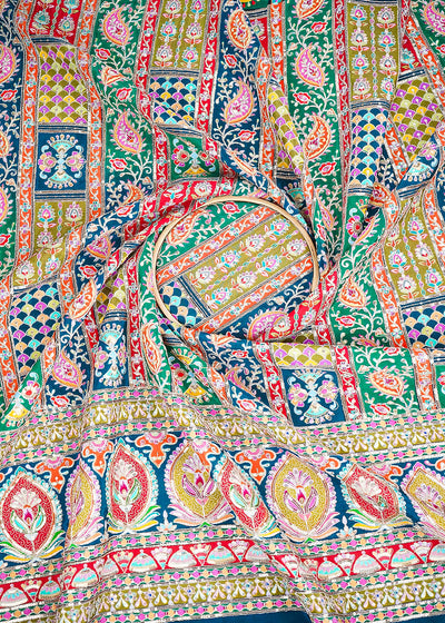 Teal Blue Crepe Fabric with Allover Traditional Print and Sequins Zari Work with One-Side Border 19765