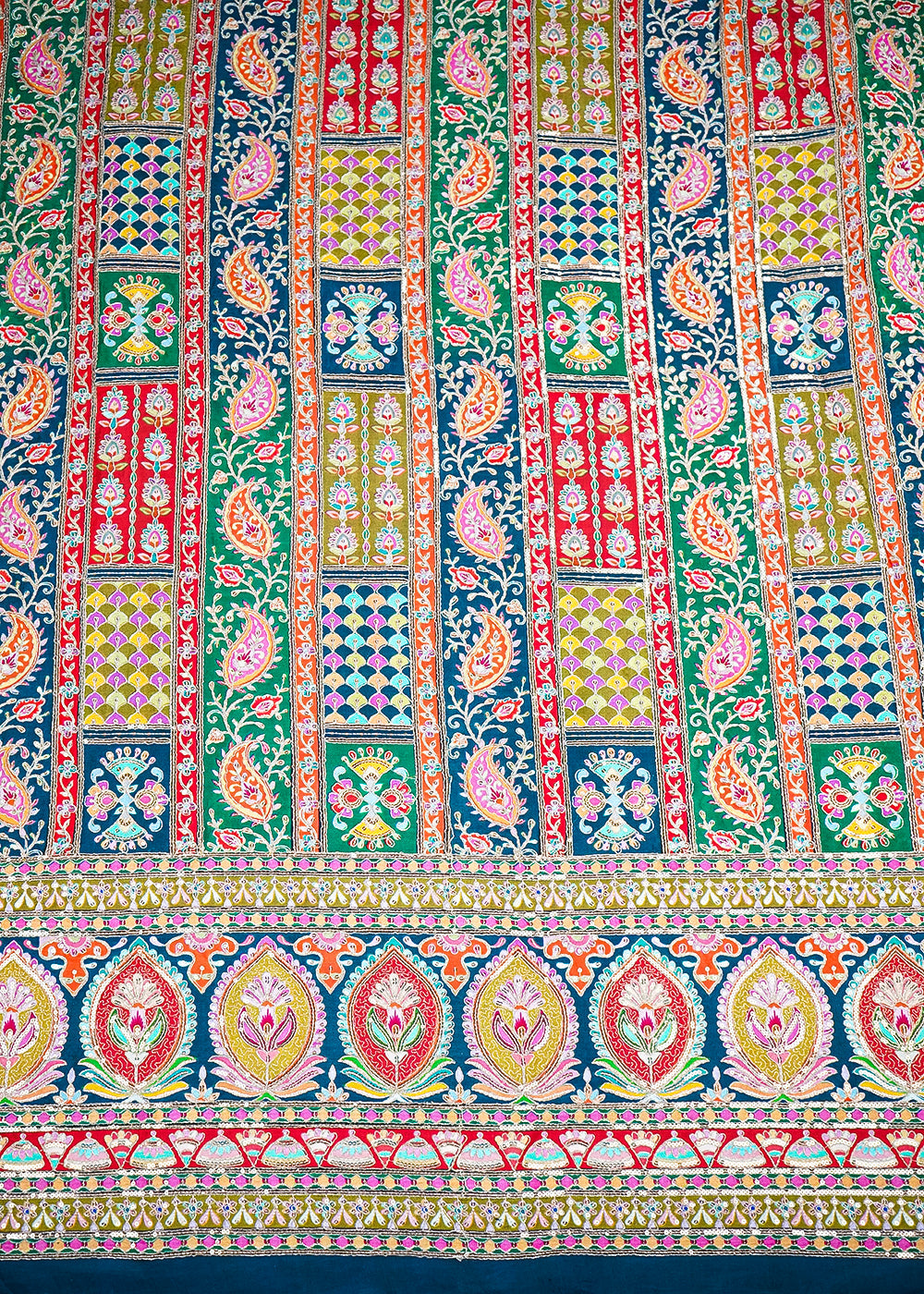 Teal Blue Crepe Fabric with Allover Traditional Print and Sequins Zari Work with One-Side Border 19765