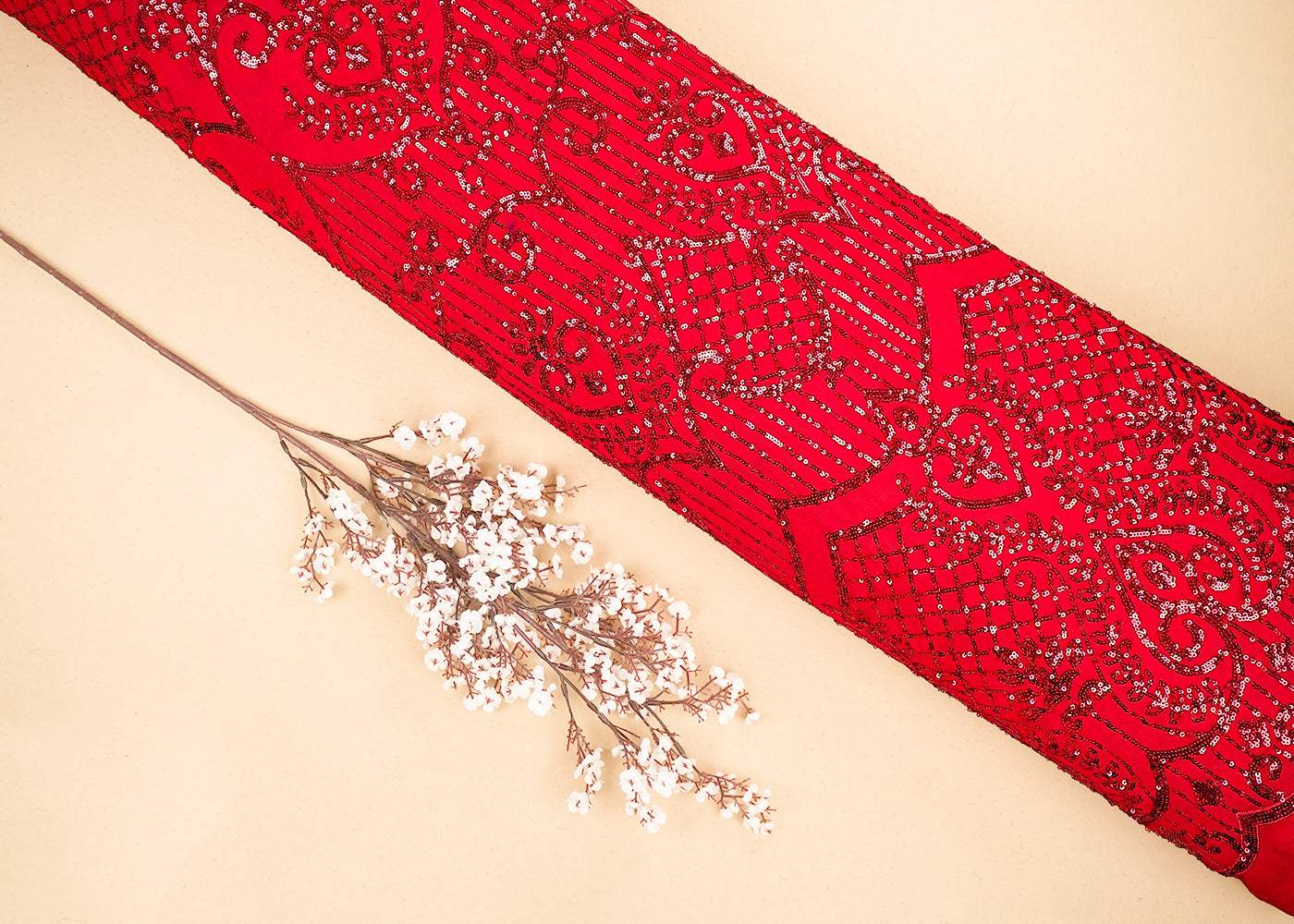 Red Georgette Fabric with Allover Sequins Work and One-Side Scalloped Border 19766