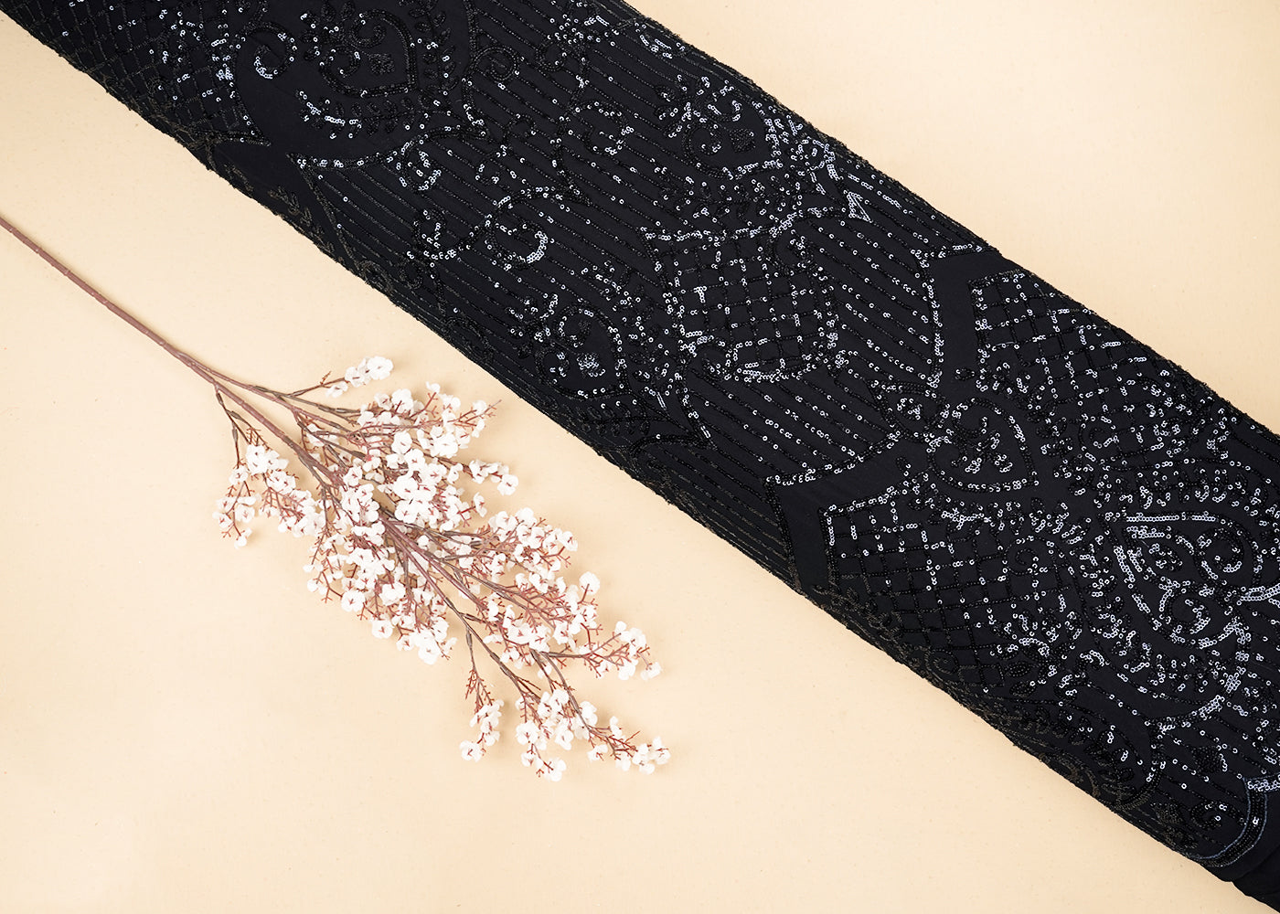 Black Georgette Fabric with Allover Sequins Work and One-Side Scalloped Border 19767