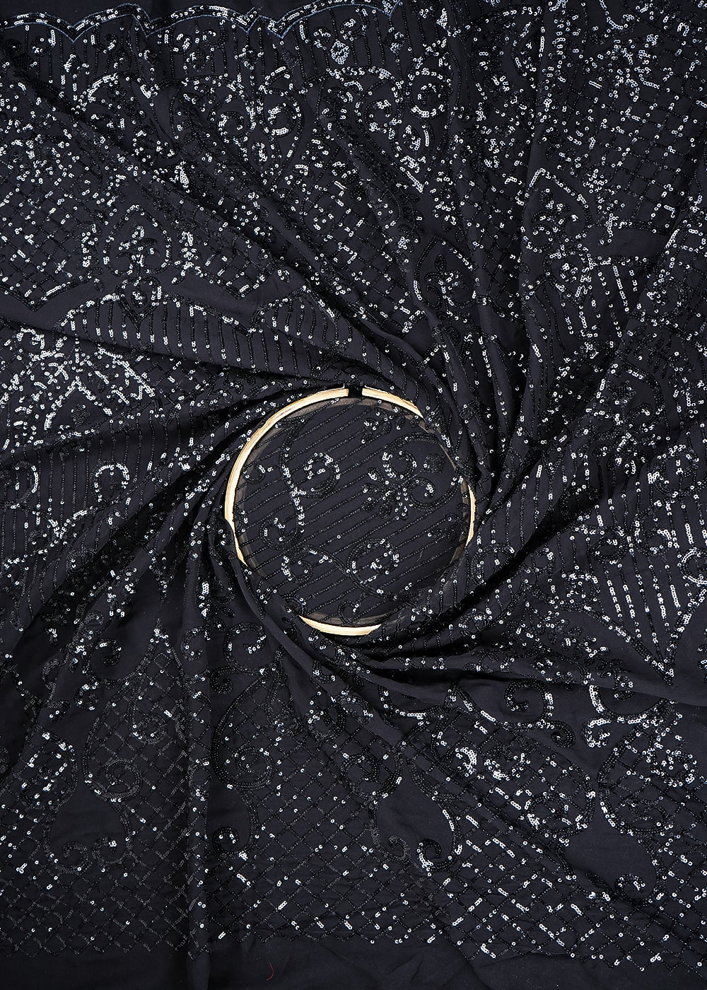 Black Georgette Fabric with Allover Sequins Work and One-Side Scalloped Border 19767