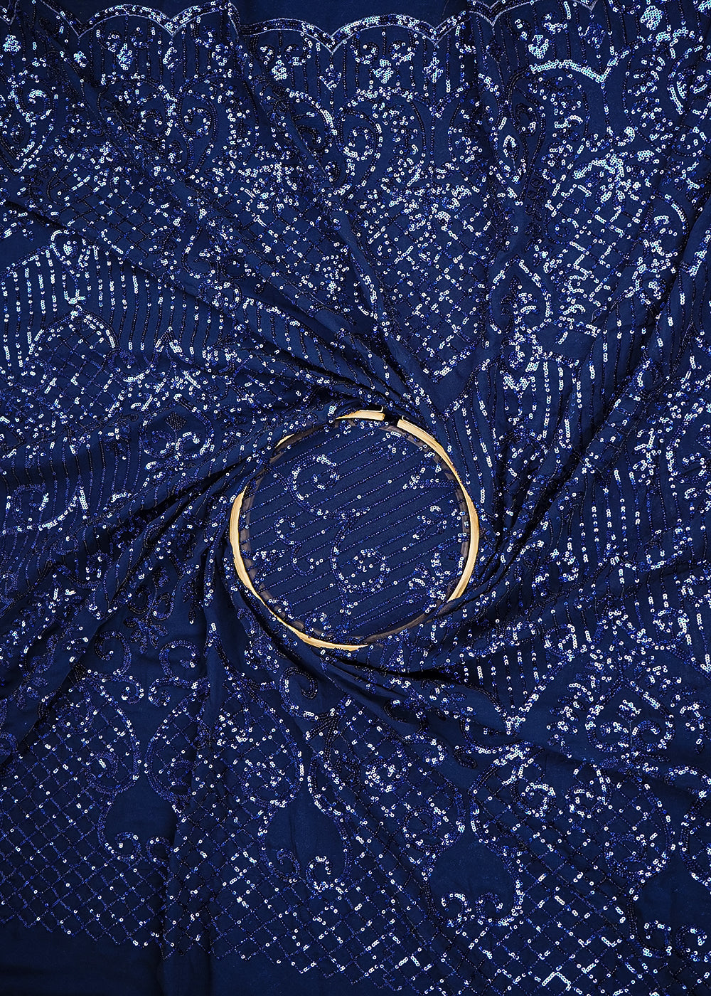 Navy Blue Georgette Fabric with Allover Sequins Work and One-Side Scalloped Border 19768