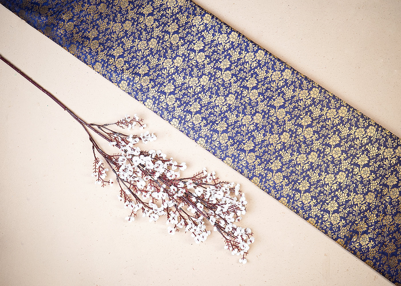 Navy Blue Banarasi Brocade Fabric With All Over Golden Zari Handloom 19469