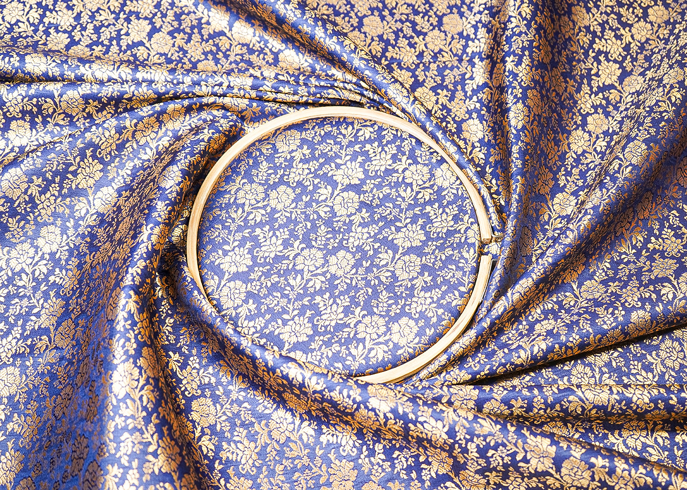 Navy Blue Banarasi Brocade Fabric With All Over Golden Zari Handloom 19469