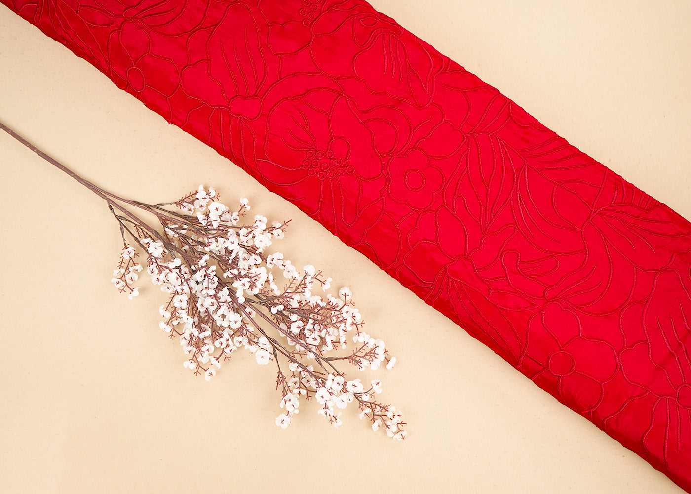 Red Organza Fabric with Allover Thread Work 19771