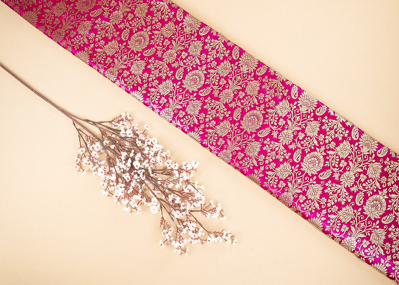 Pink Banarasi Brocade Fabric with Allover Golden Zari Handloom 19776