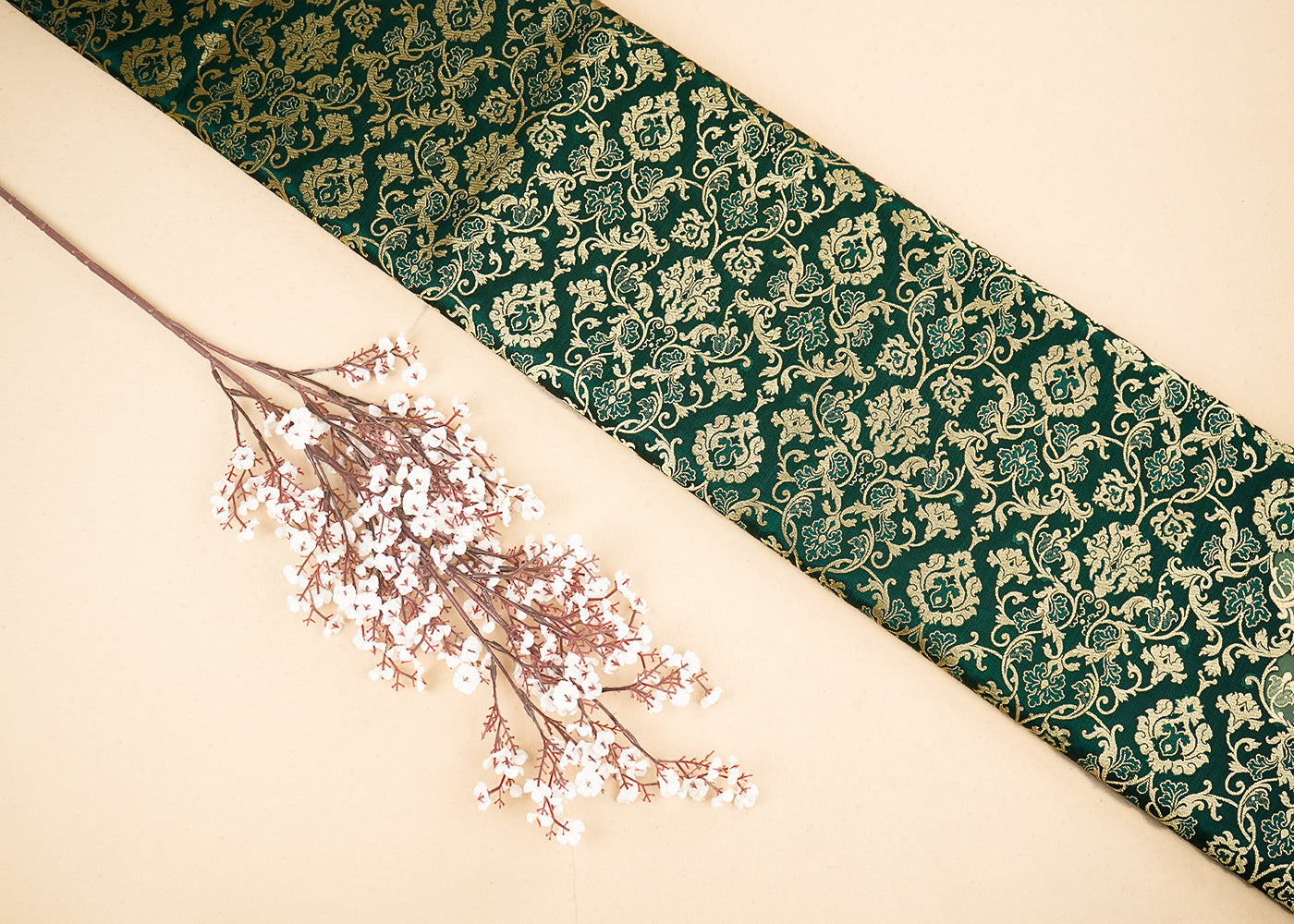 Bottle Green Banarasi Brocade Fabric with Allover Golden Zari Handloom 19777