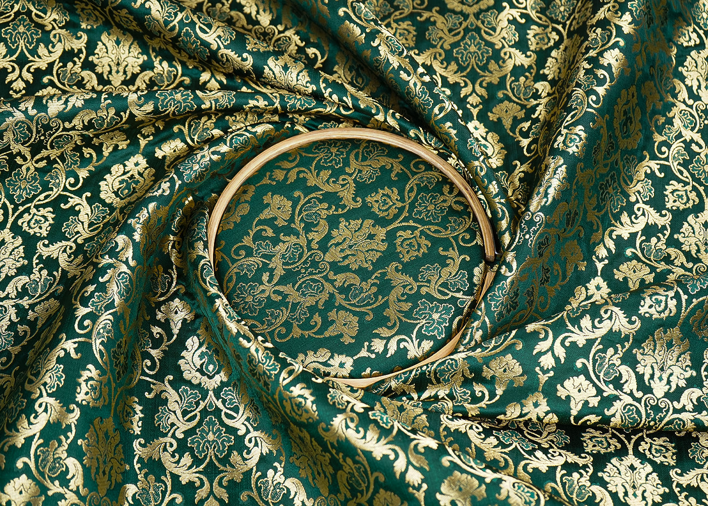 Bottle Green Banarasi Brocade Fabric with Allover Golden Zari Handloom 19777