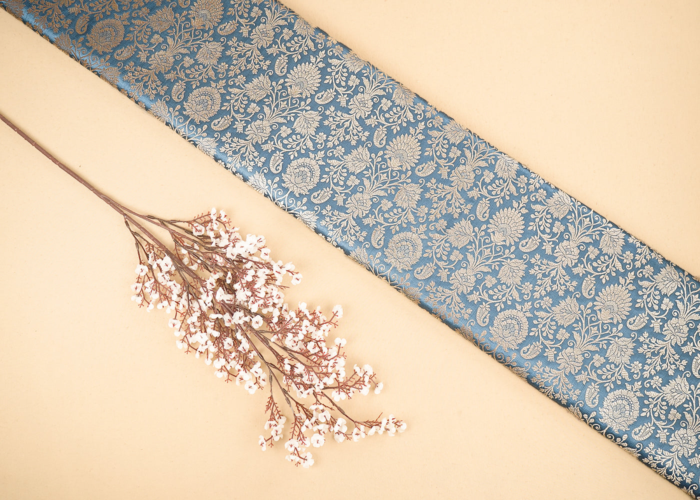 Cool Grey Banarasi Brocade Fabric with Allover Golden Zari Handloom 19778