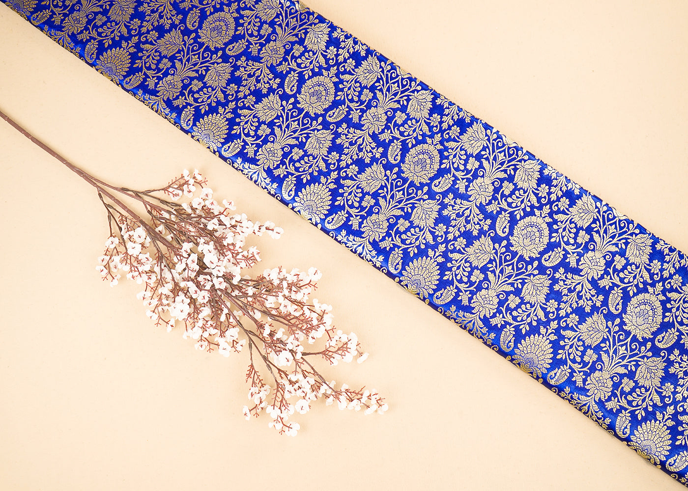 Royal Blue Banarasi Brocade Fabric with Allover Golden Zari Handloom 19779