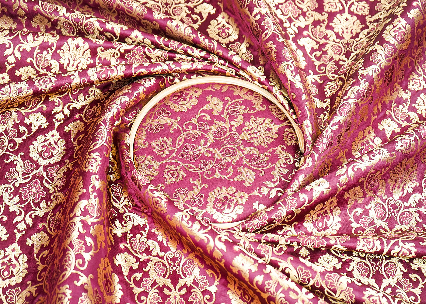 Wine Banarasi Brocade Fabric with Allover Golden Zari Handloom 19781