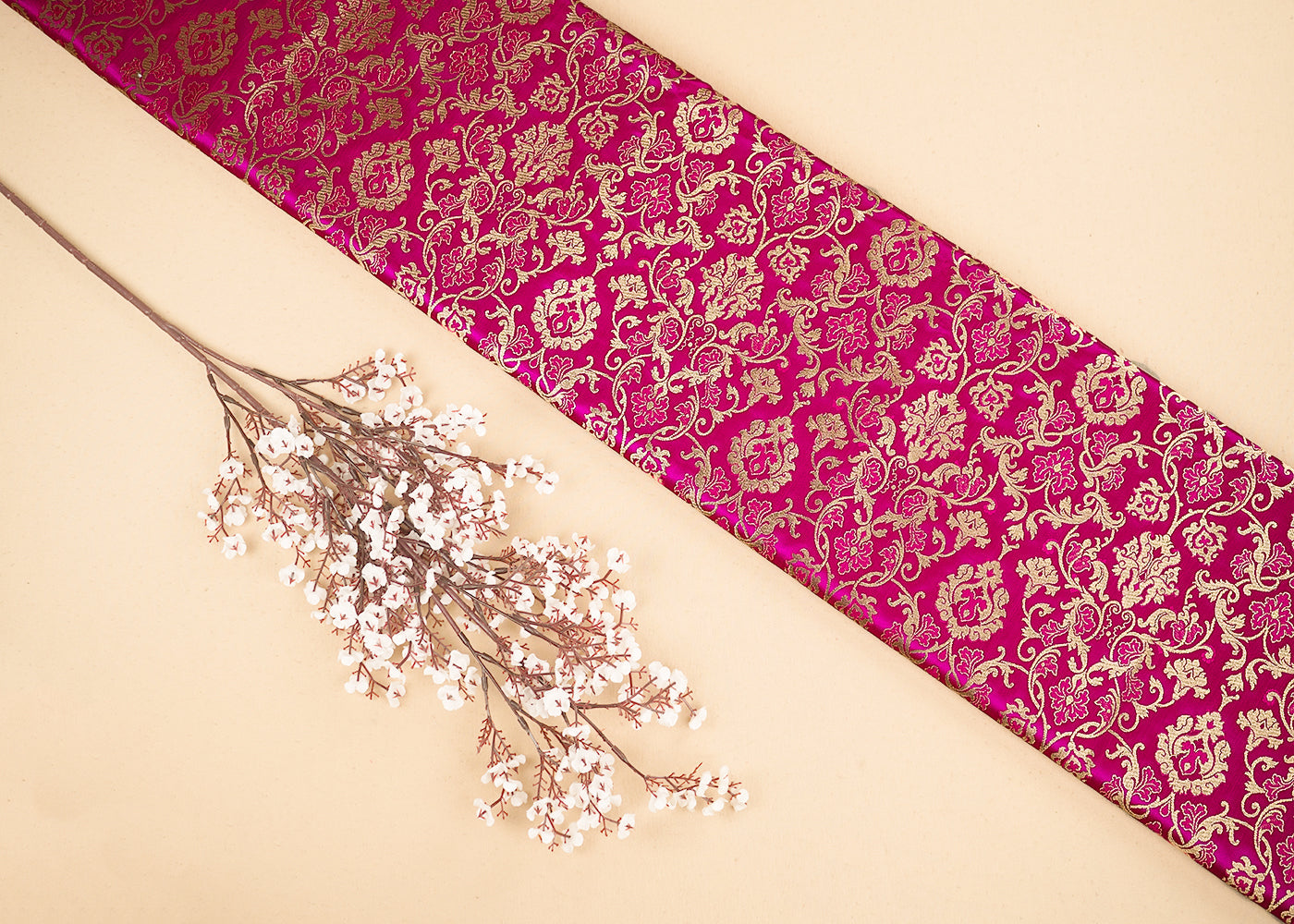 Pink Banarasi Brocade Fabric with Allover Golden Zari Handloom 19782