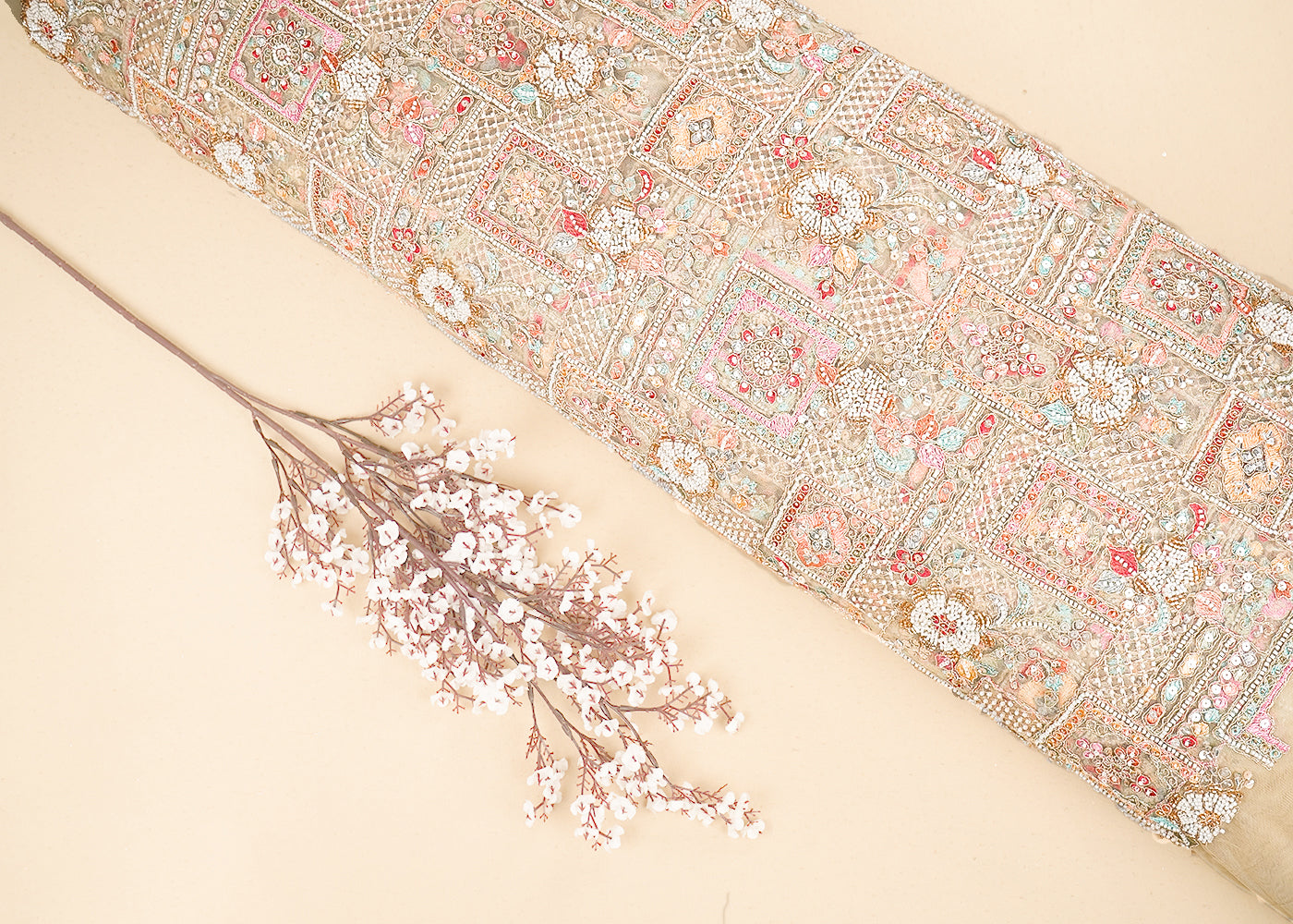 Cream Imported Imported Net Fabric with Allover Sequins, Thread, Zari and Bead Work 19791