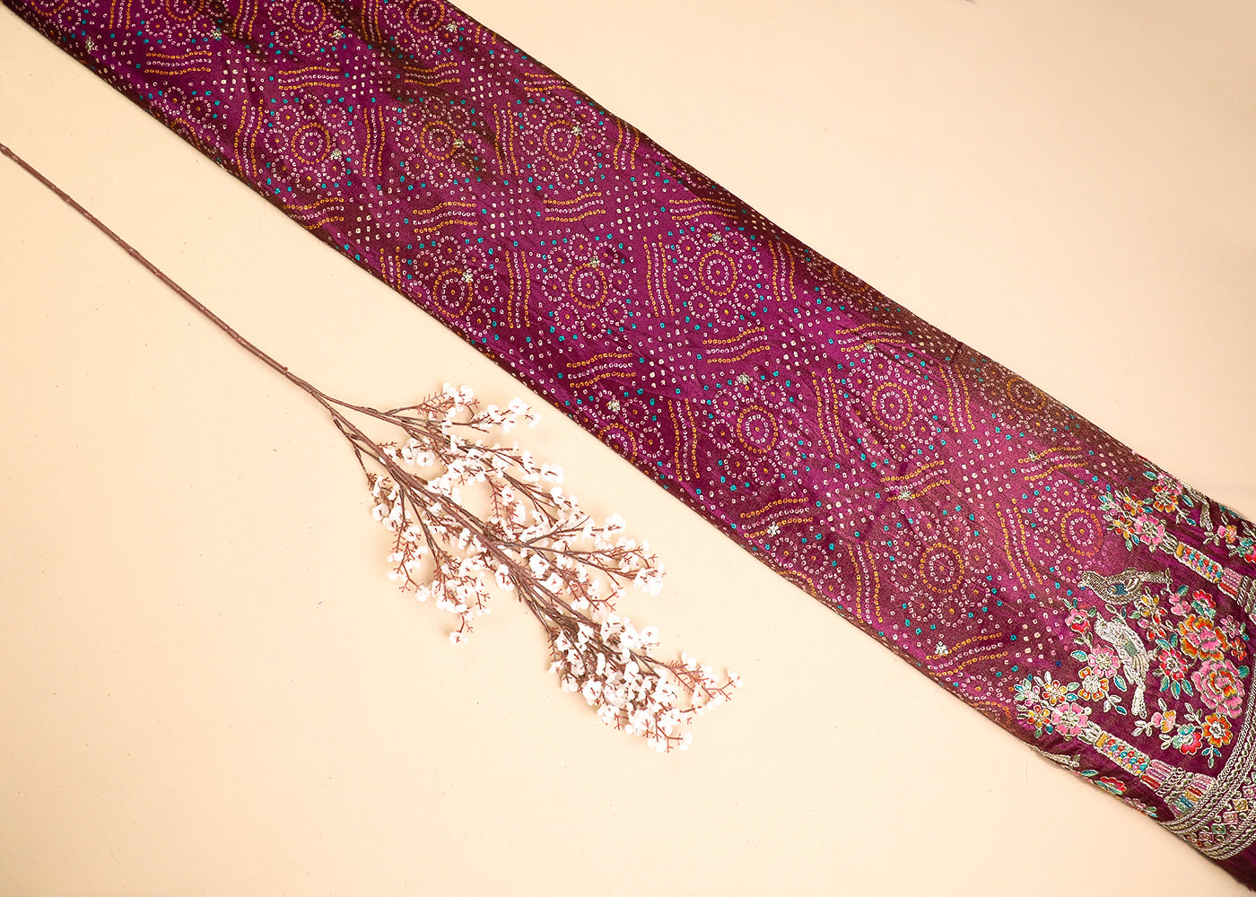 Dark Pink Tissue Fabric With All Over Bandhani Print, Thread, Sequins And Zari Work With One Side Border 16791