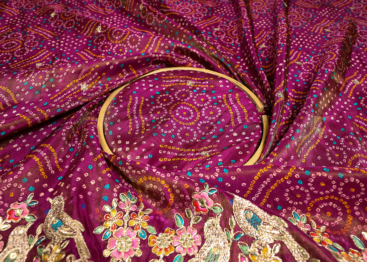 Dark Pink Tissue Fabric With All Over Bandhani Print, Thread, Sequins And Zari Work With One Side Border 16791