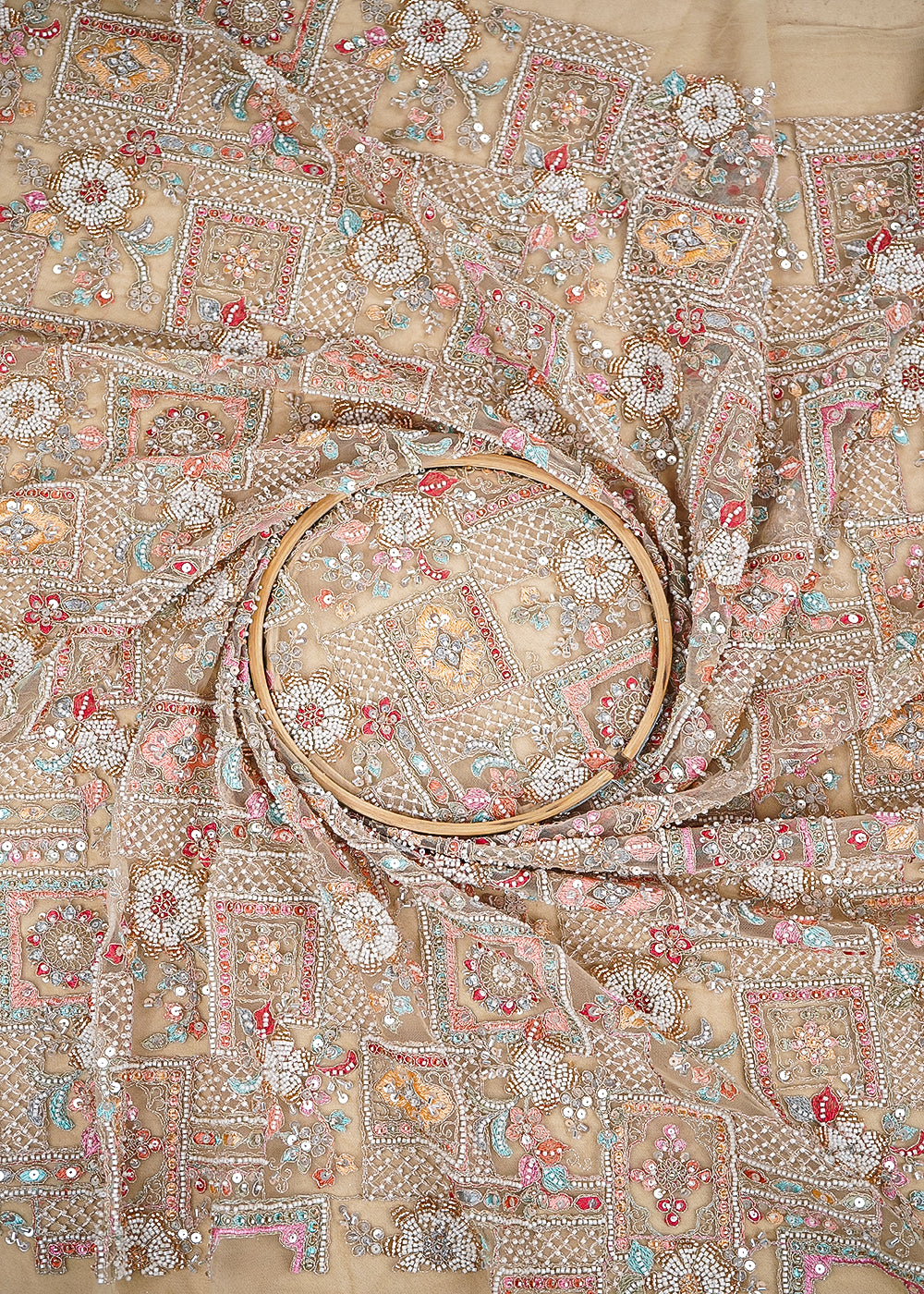 Cream Imported Imported Net Fabric with Allover Sequins, Thread, Zari and Bead Work 19791