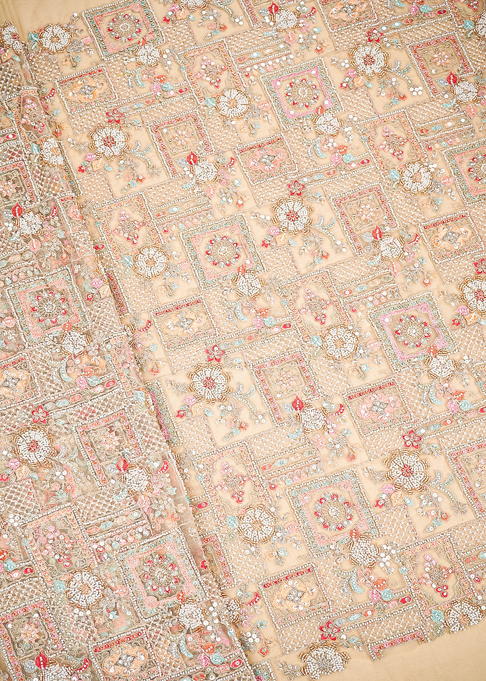 Cream Imported Imported Net Fabric with Allover Sequins, Thread, Zari and Bead Work 19791