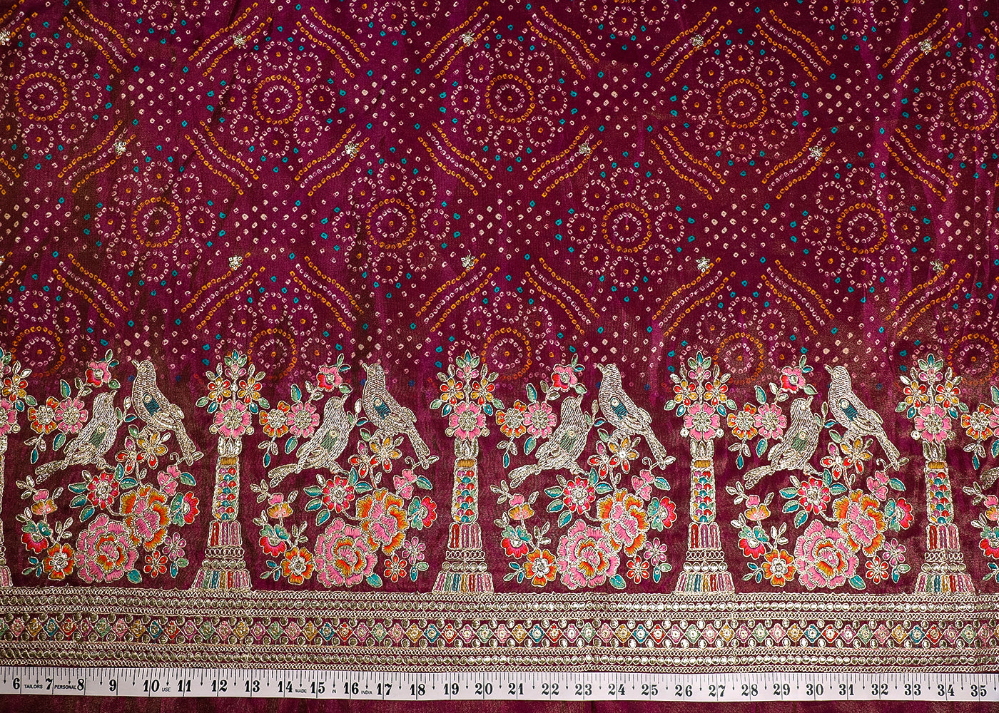 Dark Pink Tissue Fabric With All Over Bandhani Print, Thread, Sequins And Zari Work With One Side Border 16791