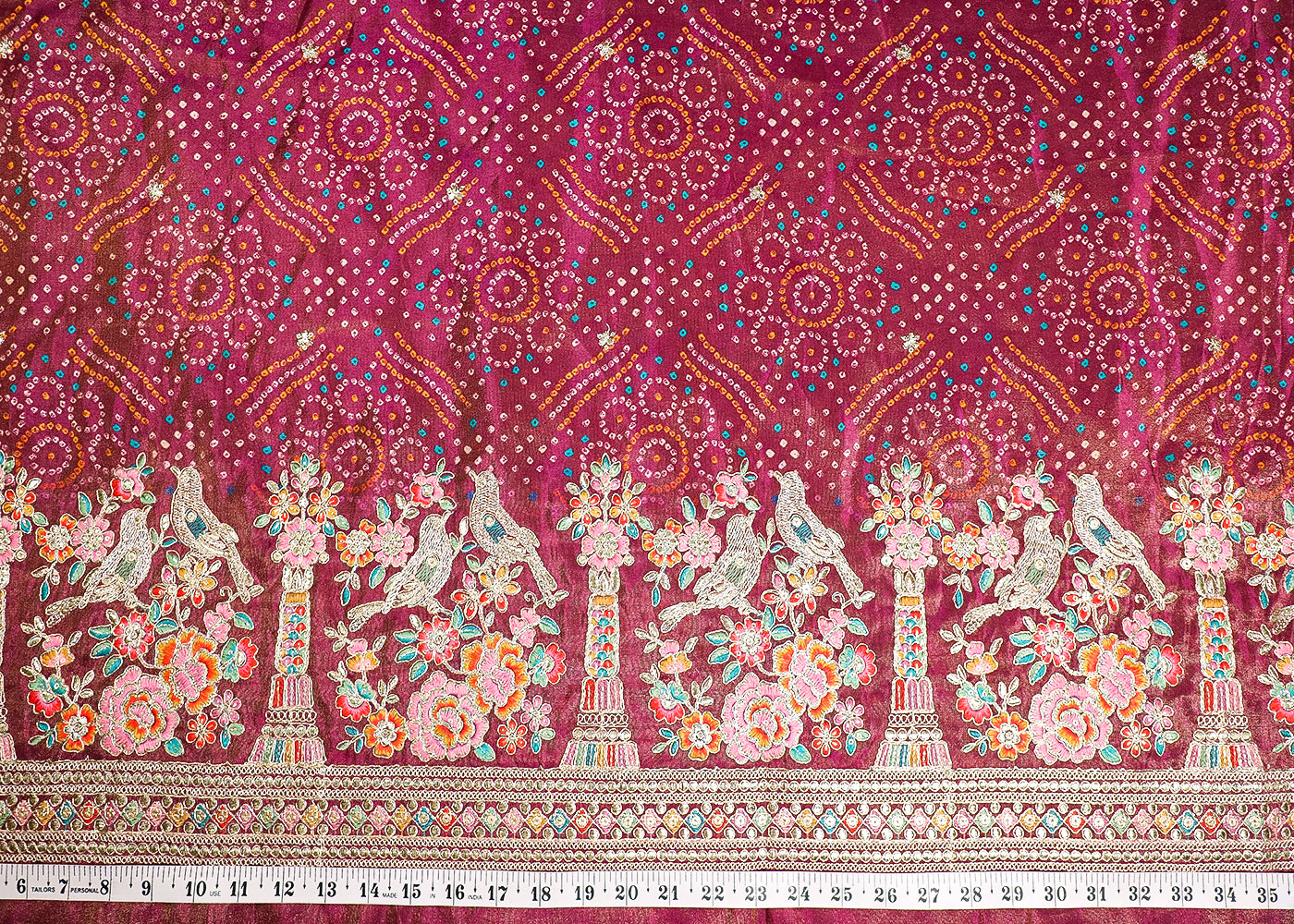 Purple Tissue Fabric With All Over Bandhani Print, Thread, Sequins And Zari Work With One Side Border 16791