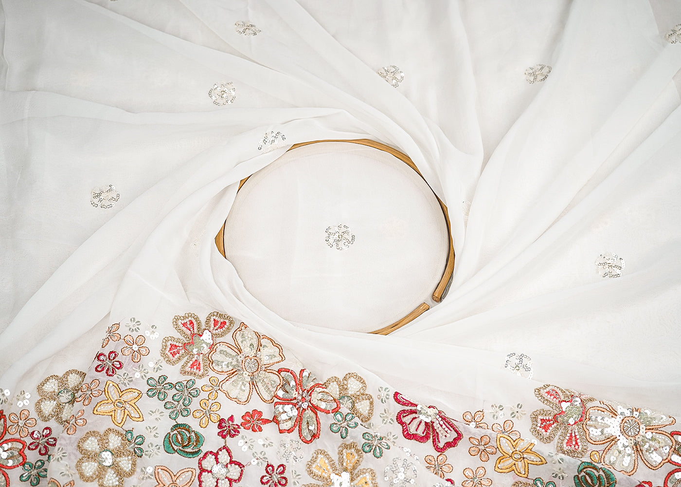 White Georgette Fabric with Allover Sequins Buti and One-Side Heavy Thread, Sequins and Bead Work Border 19793