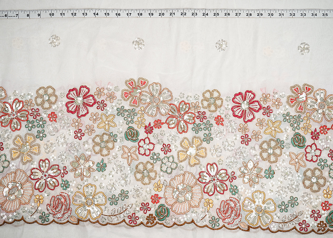 White Georgette Fabric with Allover Sequins Buti and One-Side Heavy Thread, Sequins and Bead Work Border 19793