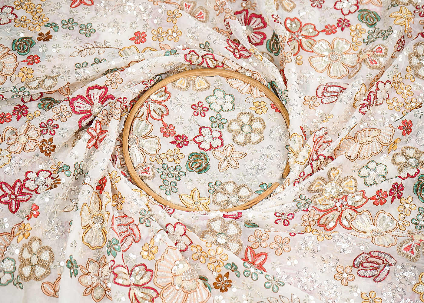 White Georgette Fabric with Allover Thread, Sequins and Bead Work 19794