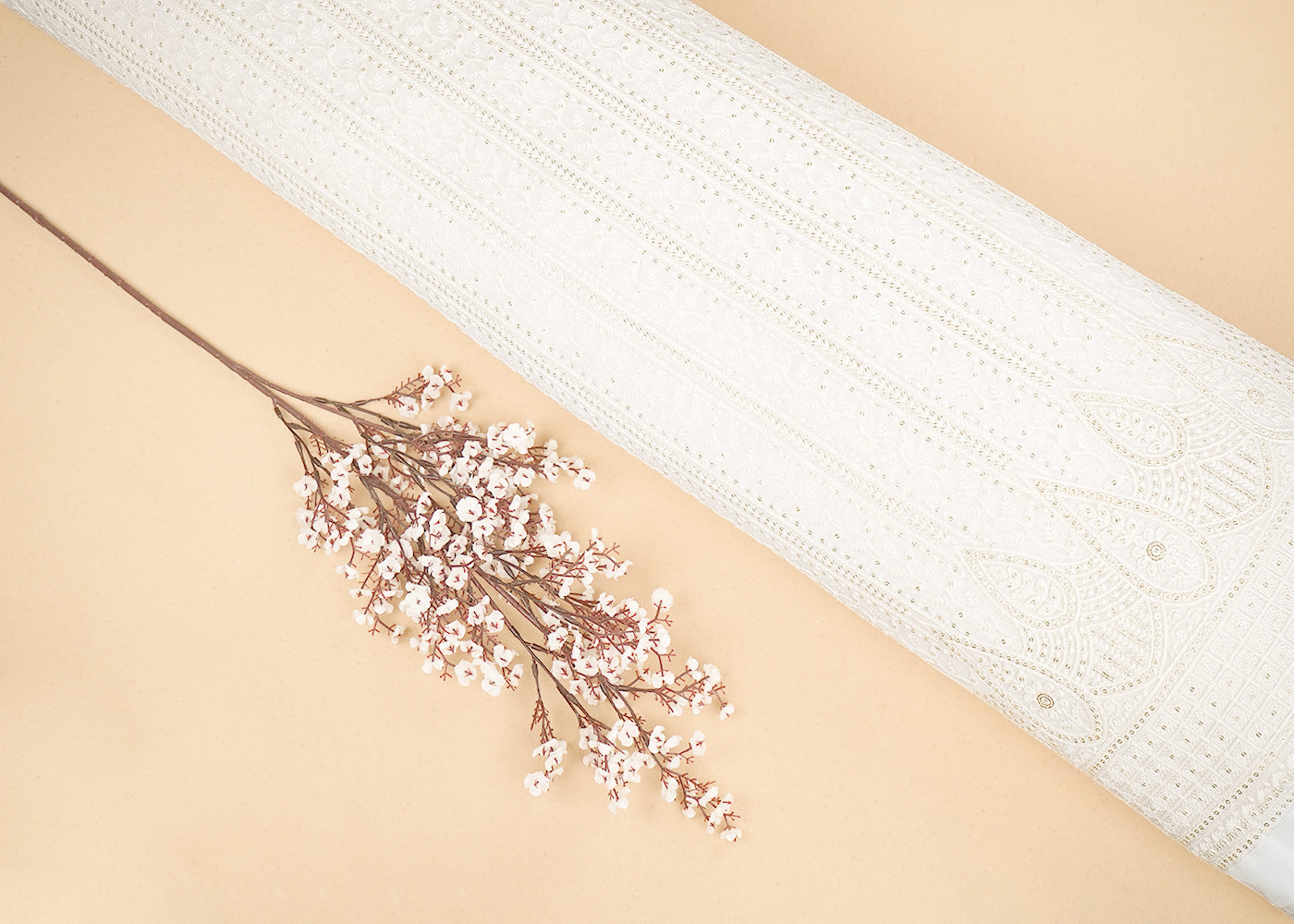 White Georgette Fabric with Allover Thread and Sequins Work with One-Side Scalloped Border 19795