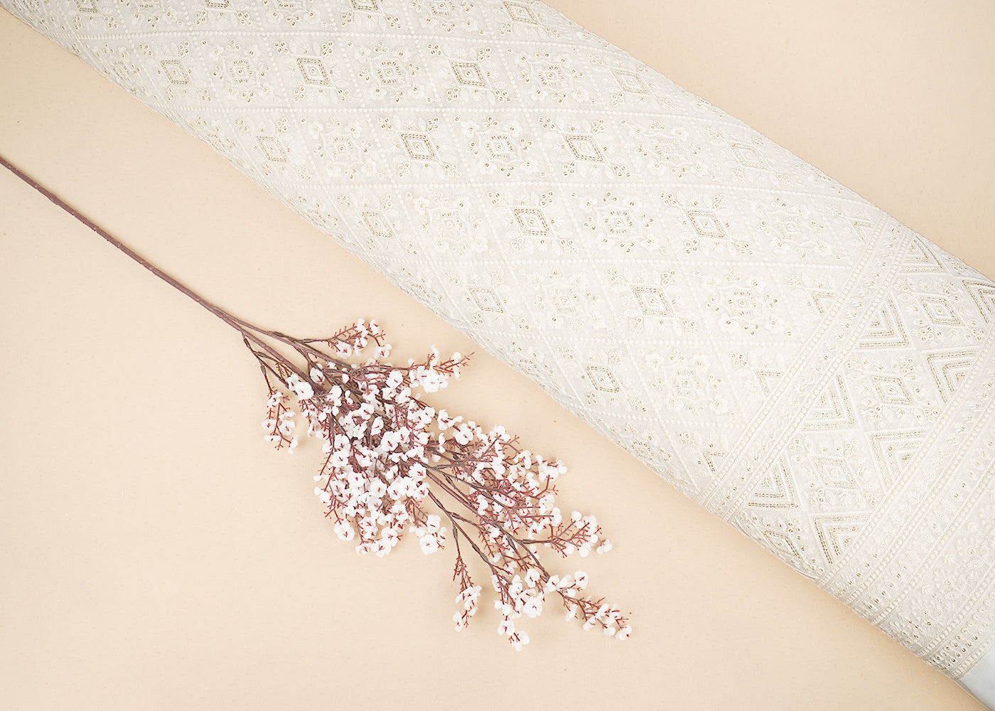 White Georgette Fabric with Allover Thread and Sequins Work with One-Side Scalloped Border 19796