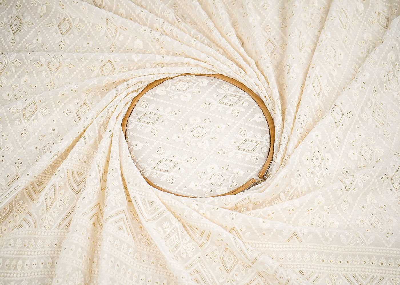 White Georgette Fabric with Allover Thread and Sequins Work with One-Side Scalloped Border 19796