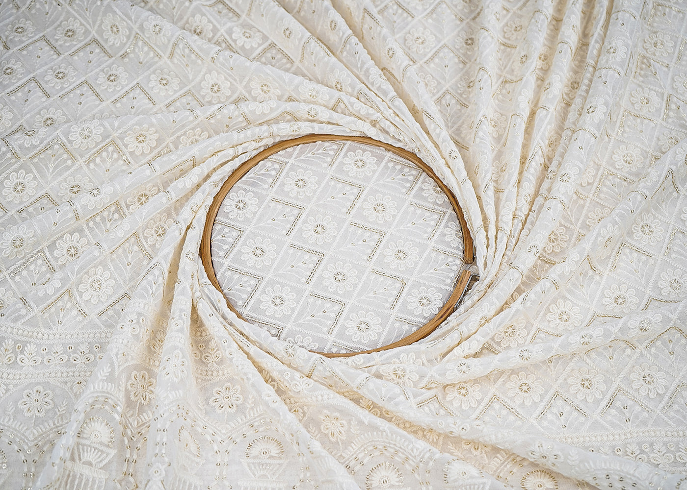 White Georgette Fabric with Allover Thread and Sequins Work with One-Side Scalloped Border 19797